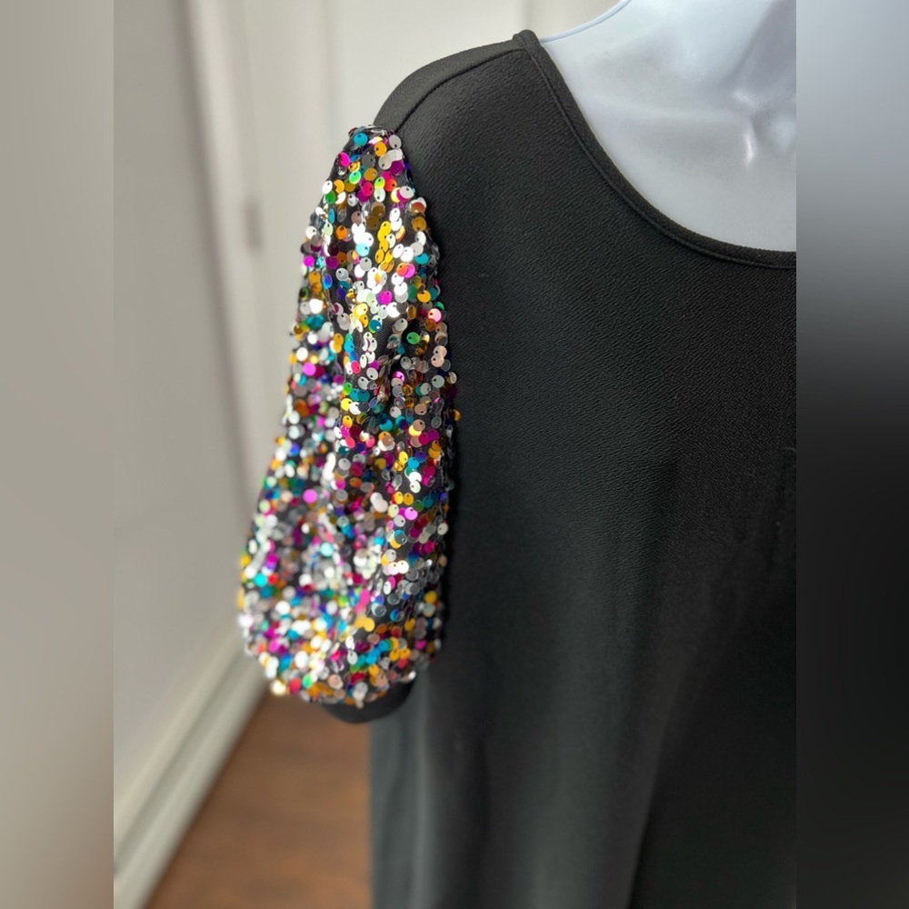 Black Short Sleeve Dress with Multicolor Sequin Puff Sleeves - Picture 5 of 12